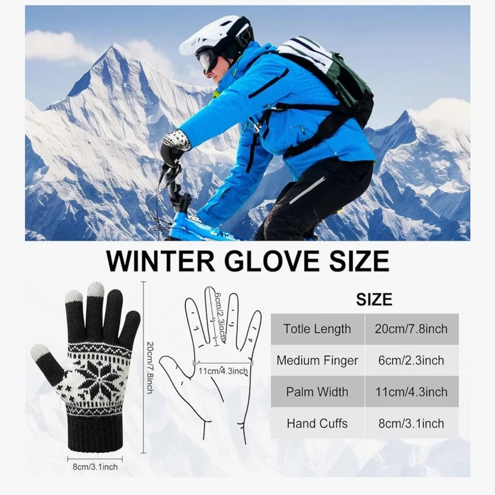 🆕 3 Pairs Touch Screen Gloves Snow Flower, Warm Knit Winter Gloves